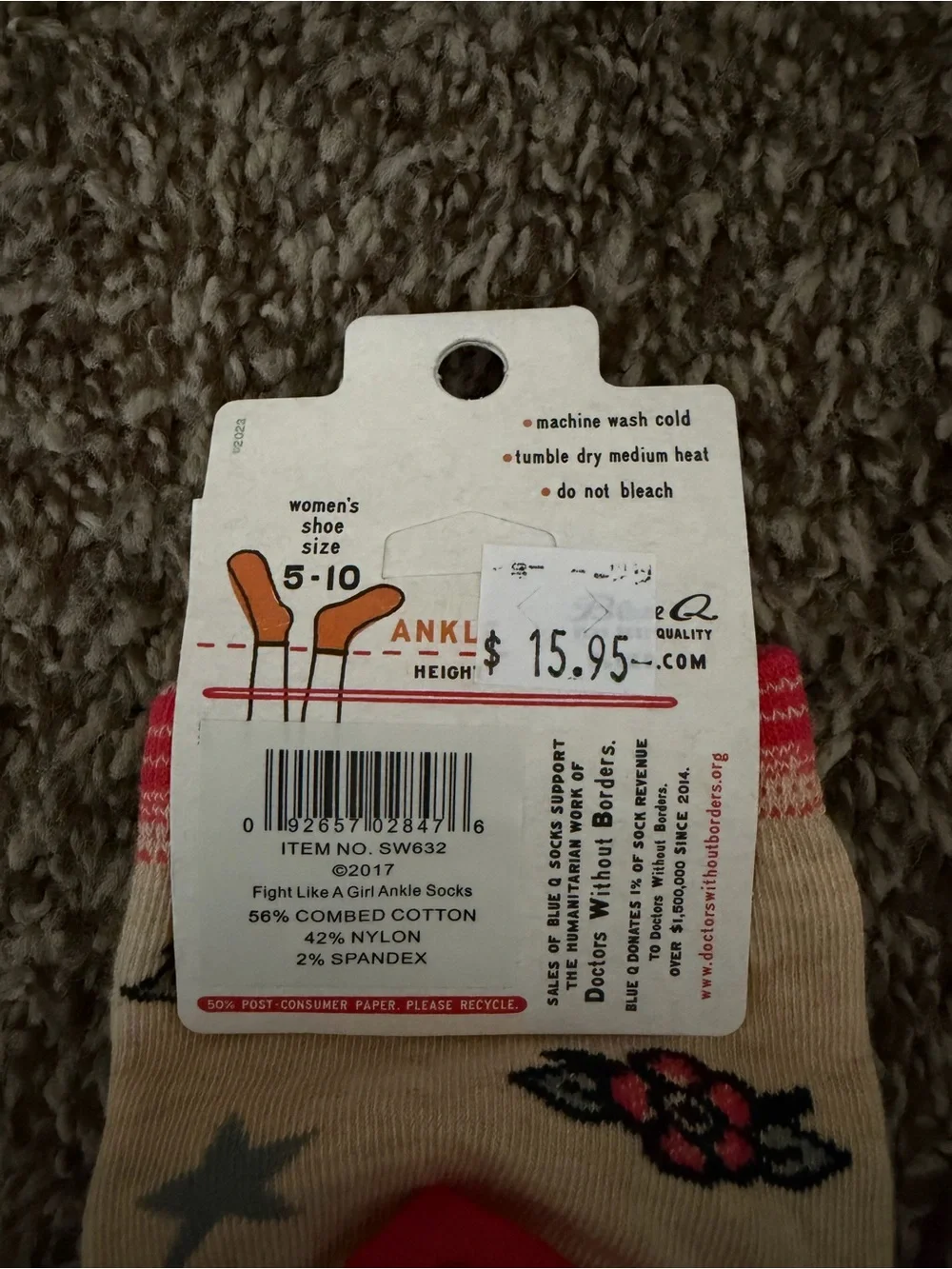 Blue Q Beige Ankle Socks with Red Toe - 'Fight Like a Girl' Sailor Graphic